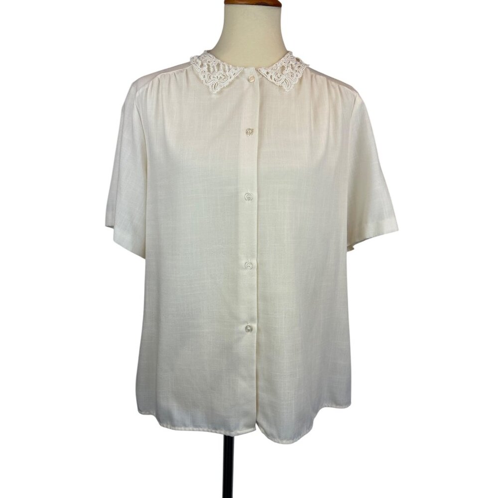 Vintage Nikki Ivory Short Sleeve Blouse Womens 11/12 Lace Collar Button Front
